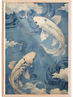 Vionna Mavi Tonlarda Koi Balıkları ve Japon Dalgaları Temalı Ahşap Çerçeveli Tablo, 30 x 40 cm