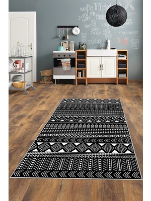 on the clouds Geometrik Etnik Çizgi Desenli Siyah Beyaz Dijital Baskı Yıkanabilir Kaymaz Taban Modern Salon Halısı