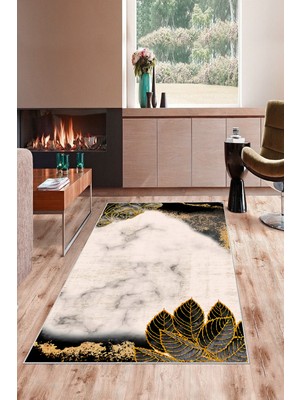 on the clouds Siyah Gül ve Yaprak Desenli Yıkanabilir Kaymaz Taban Leke Tutmaz Modern Salon Halısı ve Yolluk
