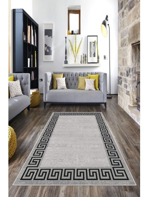 on the clouds Gri Geometrik Desenli Yıkanabilir Kaymaz Taban Leke Tutmaz Modern Salon Halısı ve Yolluk