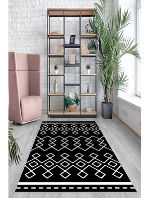 on the clouds Geometrik Etnik Karo Desenli Siyah Dijital Baskı Yıkanabilir Kaymaz Taban Modern Salon Halısı
