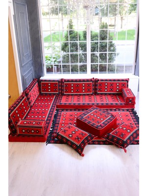 Bakırözü Home Şark Köşesi Takımı Konsepti Kırmızı Yemen Modeli Koltuk Takımı Sünger Dahil (13 Parça)