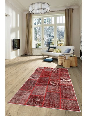 on the clouds Bordo Patchwork Kırkyama Desenli Yıkanabilir Kaymaz Taban Leke Tutmaz Modern Salon Halısı ve Yolluk