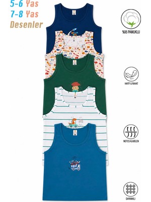 Özkan Underwear 31800 5'li Paket Erkek Çocuk Karışık Renkli Desenli Pamuklu Yumuşak Rahat Kalın Askılı Atlet