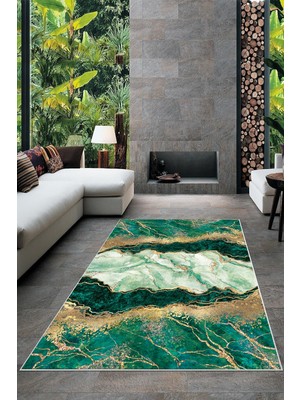 on the clouds Yeşil Mermer Desenli Yıkanabilir Kaymaz Taban Leke Tutmaz Modern Salon Halısı ve Yolluk
