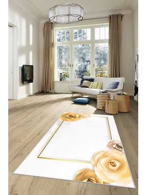 on the clouds Beyaz Zemin Gold Şerit Desen Yıkanabilir Kaymaz Taban Leke Tutmaz Modern Salon Halısı ve Yolluk