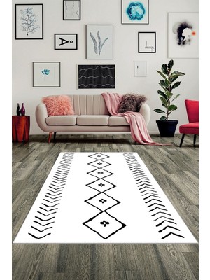 on the clouds Geometrik Çizgi Kilim Desenli Bohem Dijital Baskı Yıkanabilir Kaymaz Taban Salon Halısı ve Yolluk