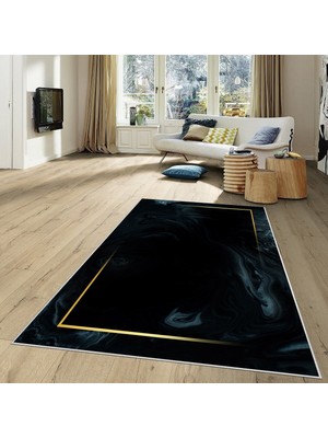 on the clouds Siyah Zemin Gold Şerit Desenli Yıkanabilir Kaymaz Taban Leke Tutmaz Modern Salon Halısı ve Yolluk