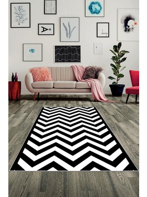 on the clouds Zigzag Desenli Siyah Beyaz Dijital Baskı Yıkanabilir Kaymaz Taban Modern Salon Halısı