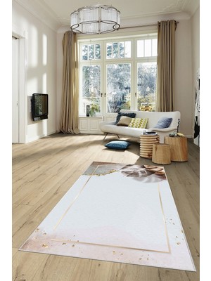 on the clouds Beyaz Zemin Gold Şerit Desenli Yıkanabilir Kaymaz Taban Leke Tutmaz Modern Salon Halısı ve Yolluk