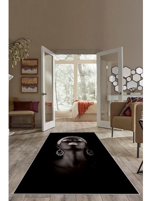 on the clouds Siyah Kadın Desenli Yıkanabilir Kaymaz Taban Leke Tutmaz Modern Salon Halısı ve Yolluk
