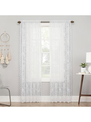 Store Ariella Çiçekli Dantel Çubuk Cep Perde Paneli, 147 cm x 213 Cm, Beyaz