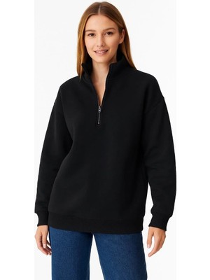 Tarz Yeri Kadın 3 Iplik Pamuklu Dık Yaka Yarım Fermuarlı Sweatshirt - Siyah