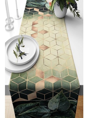 Store Pelangi Yeşil Yapraklı Geometrik Petekli Leke Tutmaz Kumaş Salon Mutfak Masa Değişik Ranır Modelleri Runner, Yeşil-Gold 40 x 140