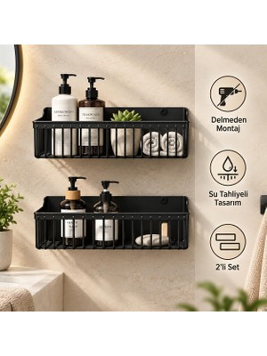 Store 2’li Yapışkanlı Banyo ve Mutfak Rafı, Siyah Plastik 25 x 10 x 10 Cm, Su Tahliyeli Duş Organizeri, Askılı Duvar Düzenleyici