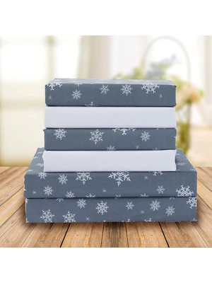 Store Tatil Baskılı 6 Parça Çarşaf Seti, 1500 Iplik Sayısı, Nefes Alabilir ve Süper Yumuşak Malzeme, Kırışmaya Dayanıklı, Akıllı Cepli Lastikli Çarşaflar, 6 Parça Tam, Kar Tanesi Grisi