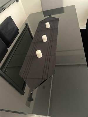 Store Runner Leke Tutmaz Dertsiz Kumaş Dekoratif Püsküllü Siyah 35 x 140 cm