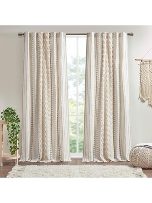 Store IMANI%100 Pamuk Tek Panel Perde Püsküllü Şönil Çizgili Geometrik Baskı Yüzyıl Ortası Görünümlü Çubuk Cep Üstü Oturma Odası Için, Yatak Odası Için Gizlilik Pencere Uygulaması, 127 cm x 213 cm