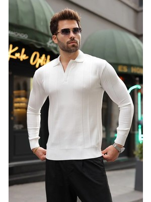 Madmext Beyaz Polo Yaka Slim Fit Erkek Triko Kazak E7527