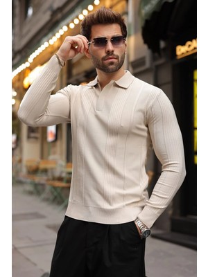 Madmext Taş Rengi Polo Yaka Slim Fit Erkek Triko Kazak E7527