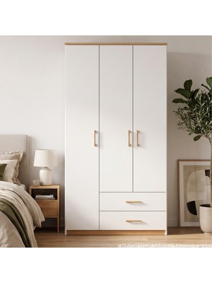 Canisa  Lefona 3 Kapaklı 2 Çekmeceli Gardırop Beyaz Meşe Modern Yatak Odası Dolabı Elbise Dolabı