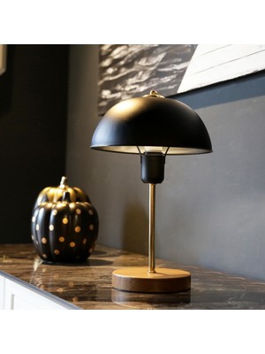 Art&Gift North Home Siyah Metal Mantar Başlıklı Abajur Salon Ofis Cafe İçin Ahşap Ayaklı