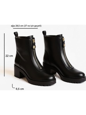 Ne&Ve Shoes Siyah Deri Önden Metal Fermuarlı Kadın Kalın Topuklu Bot