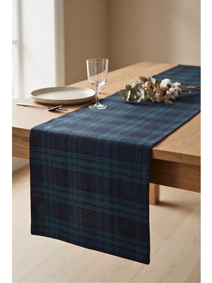 Pine Lacivert Yeşil Ekose Runner 45X150 cm Yılbaşı Davet Yeni Yıl Masa Runner