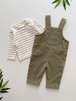 Valia Baby Çizgili Kalın Bodyli Salopetli Premium Erkek Bebek 2’li Takım