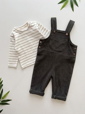 Valia Baby Çizgili Kalın Bodyli Salopetli Premium Erkek Bebek 2’li Takım