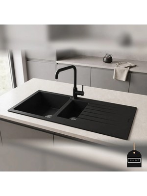 Real Stone Granit Eviye P005 Troya 100 x 50 Siyah Renkli 1,5 Gözlü Damlalıklı Modern Tasarım