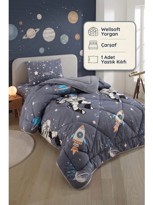 Formeya Tek Kişilik Çarşaflı Astronot Desenli Çift Taraflı Wellsoft Uyku Seti (Yorgan+Çarşaf+Yastık Kılıfı)