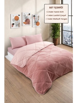 Formeya Çift Kişilik Wellsoft Yorgan Uyku Seti 195x215 cm Pudra Renk Lastikli Çarşaflı Yastık Kılıflı