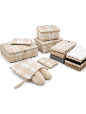 Happy Trend Parça Valiz Düzenleyici Organizer Seti- Seyahat Bavul Içi Düzenleme Çantası, Packing Cube Organizer Seti (Krem Ekose)