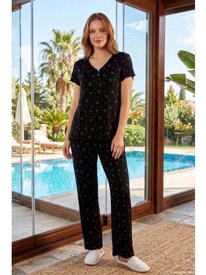 Aydoğan Kadın Desenli Kısa Kol Bambu Kumaş Pijama Takımı 240133 Siyah