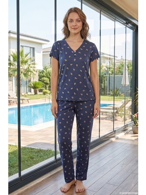 Aydoğan Kadın Çiçek Desen Kısa Kol Bambu Kumaş Pijama Takımı 240130 Açık Lacivert