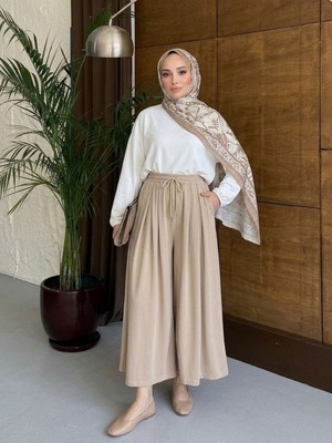 Foremia Bel Lastik Pileli Pantolon-Bej -