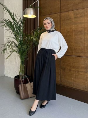 Foremia Bel Lastik Pileli Pantolon-Siyah -