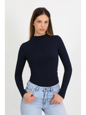 Hdm Kadın Lacivert Yarım Balıkçı Fitilli Modal Pamuk Uzun Kollu Bluz - H6173
