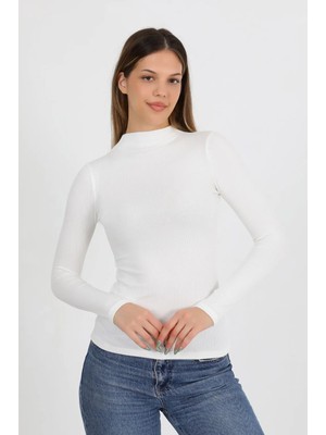 Hdm Kadın Ekru Yarım Balıkçı Fitilli Modal Pamuk Uzun Kollu Bluz - H6173