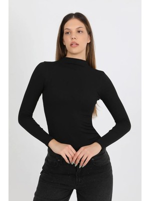 Hdm Kadın Siyah Yarım Balıkçı Fitilli Modal Pamuk Uzun Kollu Bluz - H6173