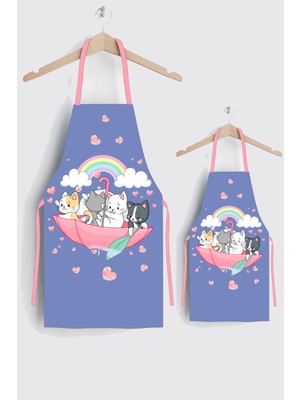 Ays Home Lila Renkli Kedi Dijital Baskılı Mutfak Önlüğü Seti 2'li Standart Boyut Unisex