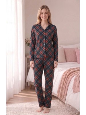 Evia Angelique Termal Kumaş Uzun Kollu Yumuşak Dokulu Ekose Pijama Takım 40201-40204