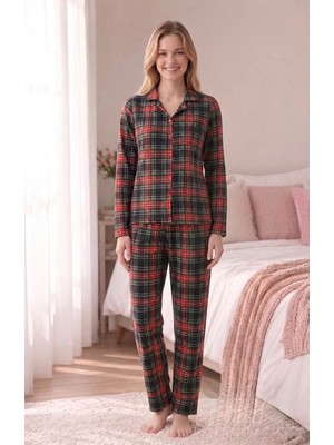 Evia Angelique Termal Kumaş Uzun Kollu Yumuşak Dokulu Ekose Pijama Takım 40201-40204