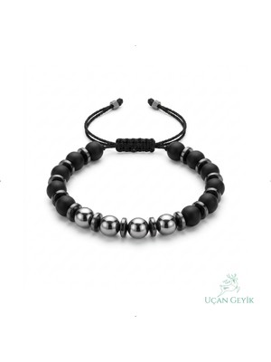 Uçan Geyik Hematit & Oniks Doğal Taş Bileklik - Esnek Makrome Örgü 8mm | Unisex Bileklik