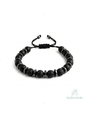 Uçan Geyik Lav Taşı & Oniks Doğal Taş Bileklik - Esnek Makrome Örgü 8mm | Unisex Bileklik