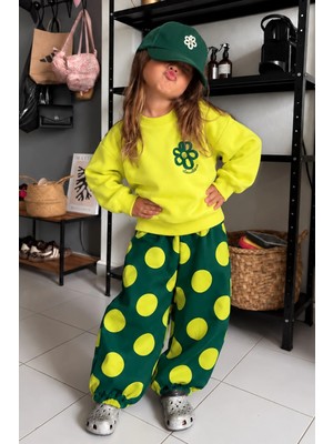 Monila Kız Çocuk Pamuklu Çiçek Baskılı Sweatshirt ve Puantiye Baskılı Eşofman Alt Üst Takım
