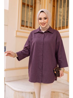 Modestim Kadın Geniş Kollu Kot Kumaş Rahat Kalıp Tesettür Gömlek Tunik Bordo