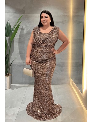 Giyimmasalı Pul Payet Kumaş Degaje Yaka Abiye Elbise - KAHVERENGİ-GYM-41044