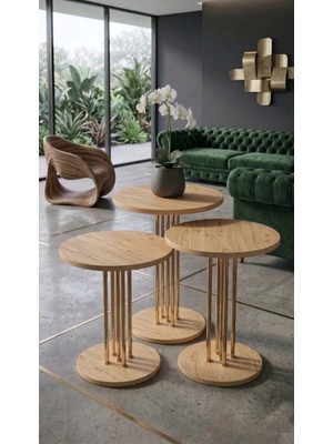 Sofex 3'lü Yuvarlak Modern Sehpa ( Altay ) Gold - Çam